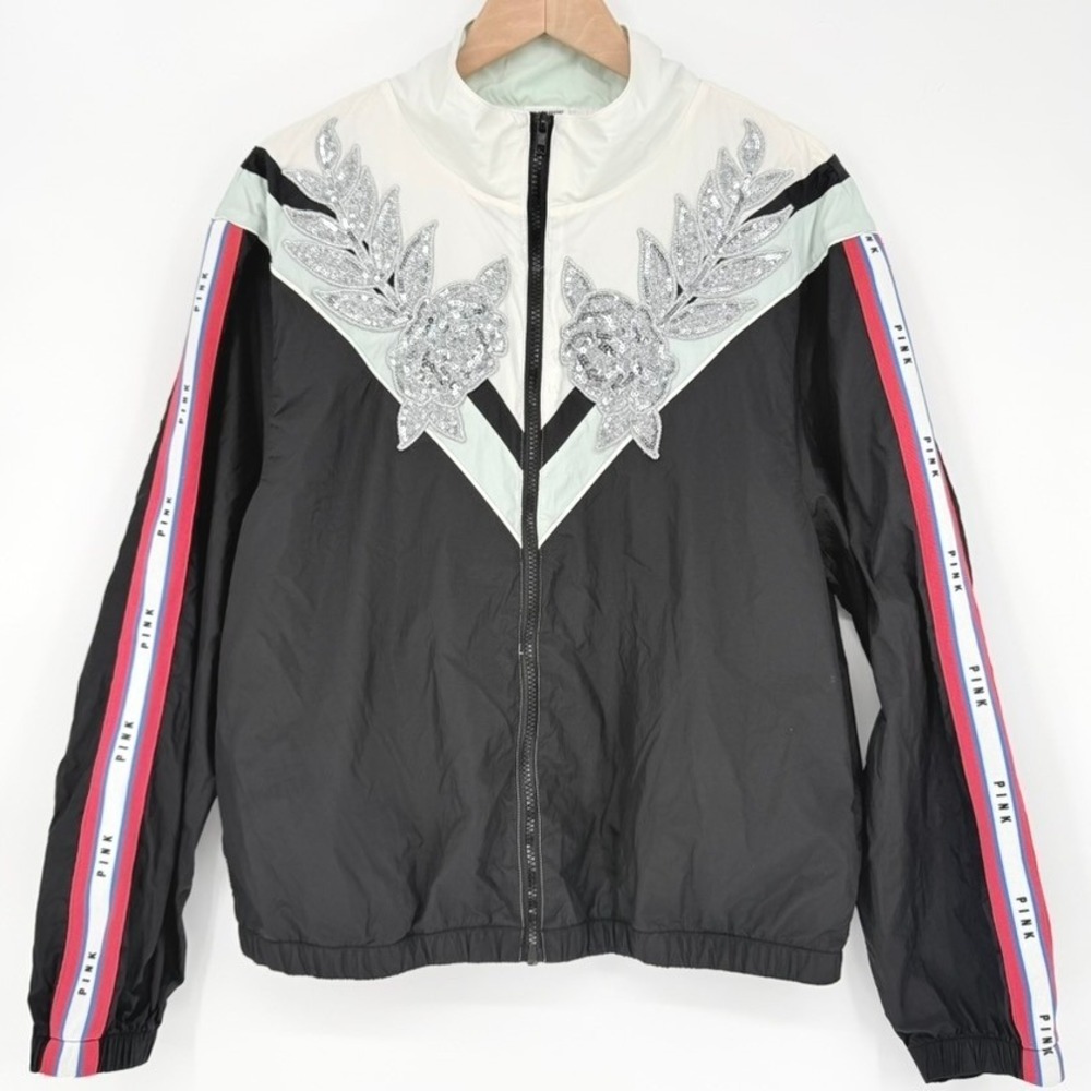 Victoria's Secret PINK Sequin Windbreaker Jacket Black White M/L Y2K Maximalist